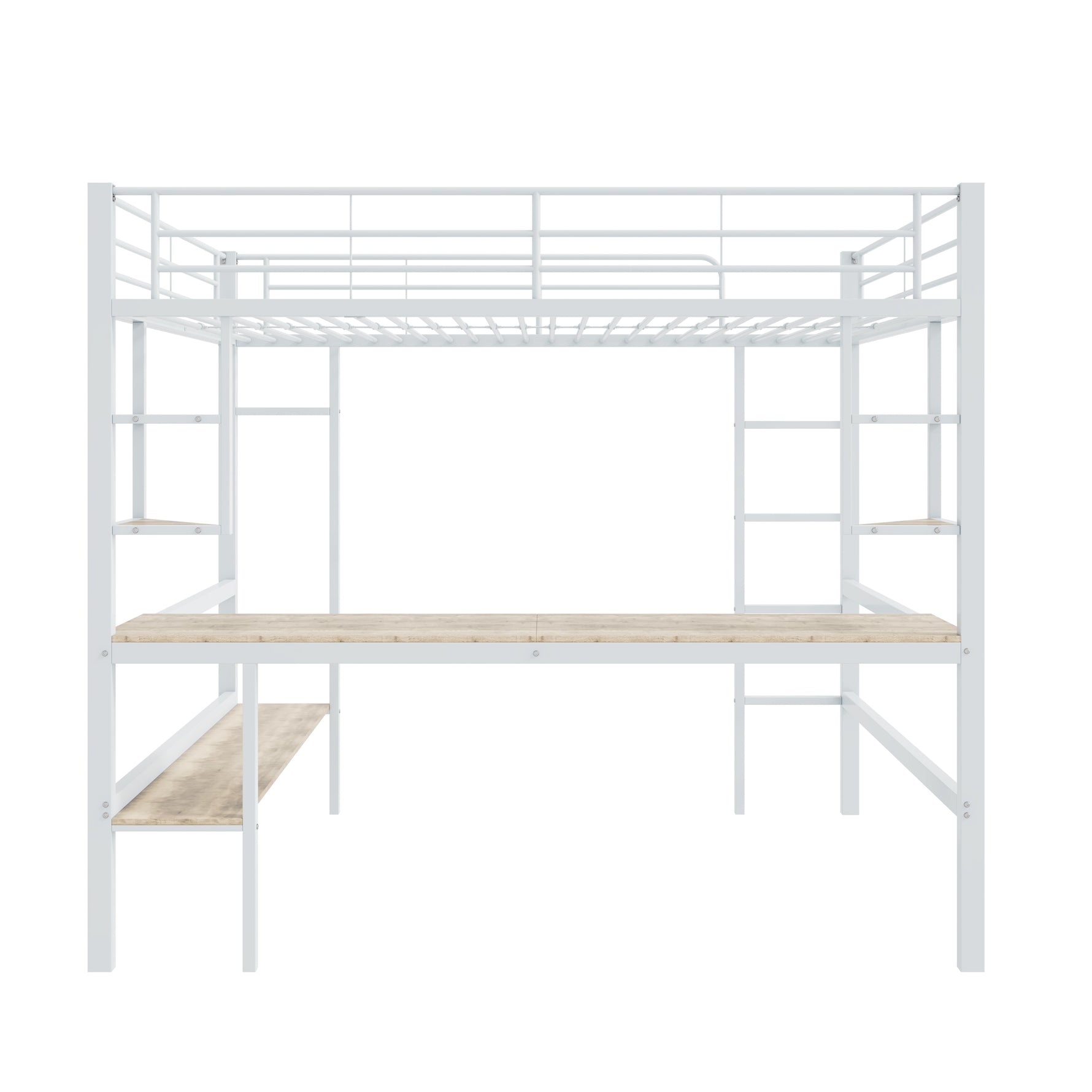 Loft Bed with Desk and Bookshelf, 90x200cm Metal Frame, White