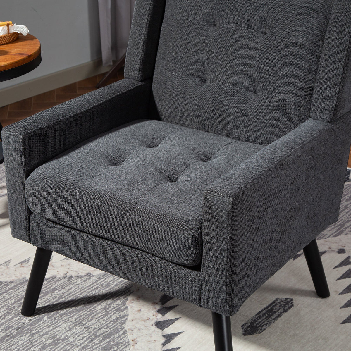 Upholstered Armchair with High-Density Foam and Solid Wood Legs, Black Suede