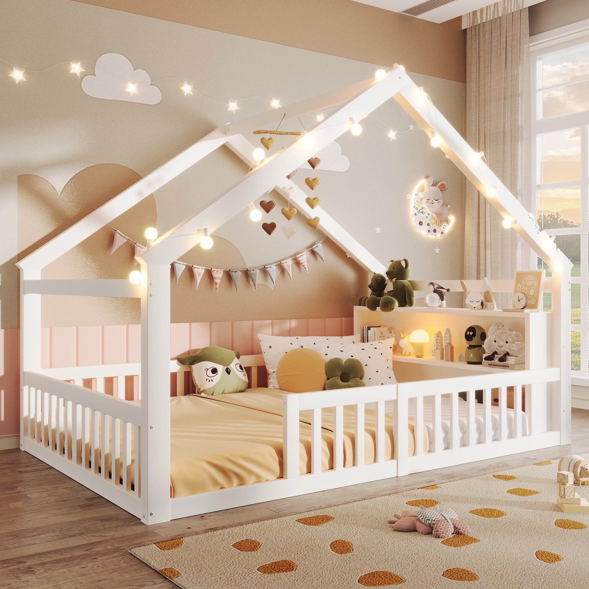 Children's Flatbed with House Rail and LED Beads, 140 x 190 cm, Pine Wood, White