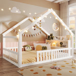 Children's Flatbed with House Rail and LED Beads, 140 x 190 cm, Pine Wood, White