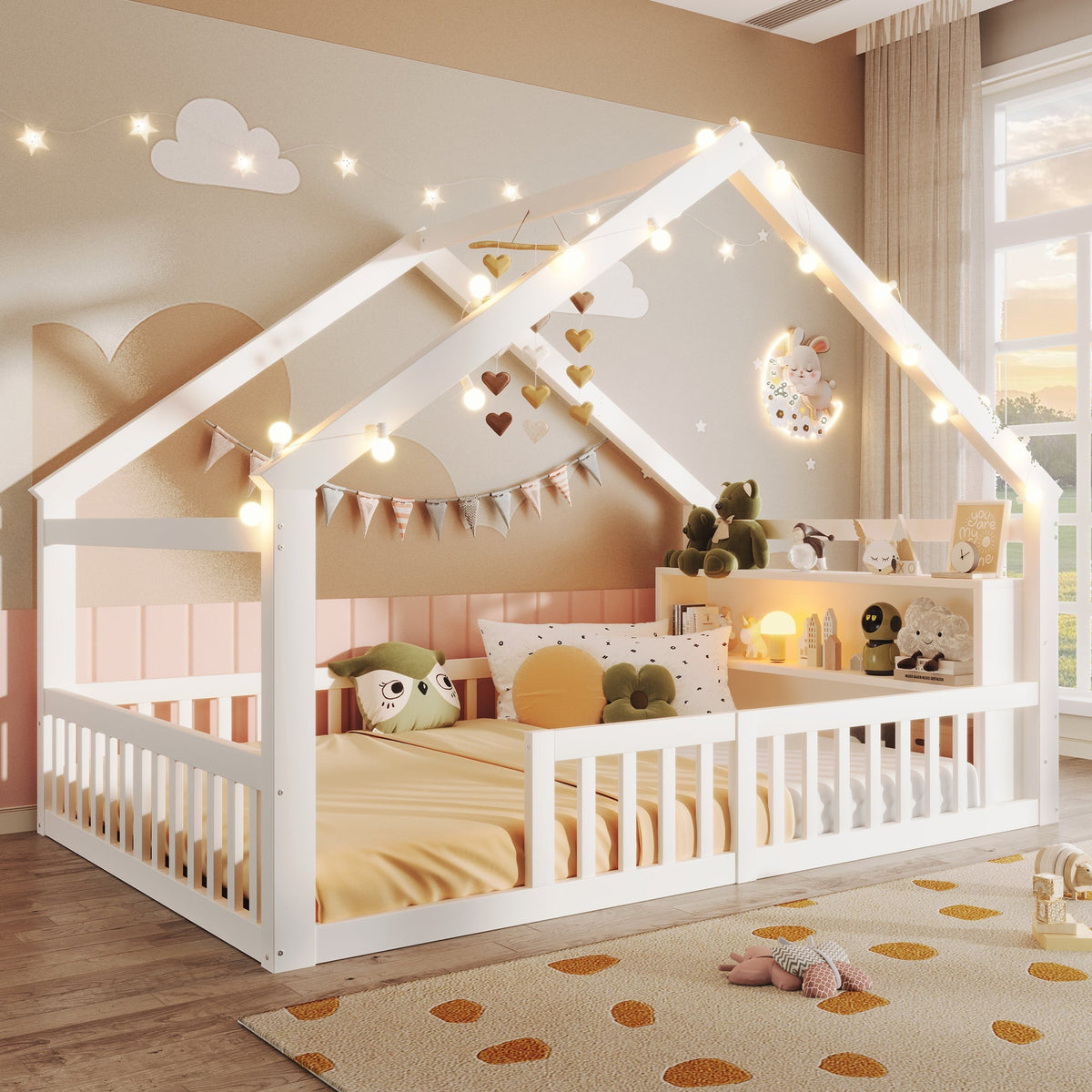 Children's Flatbed with House Rail and LED Beads, 140 x 190 cm, Pine Wood, White