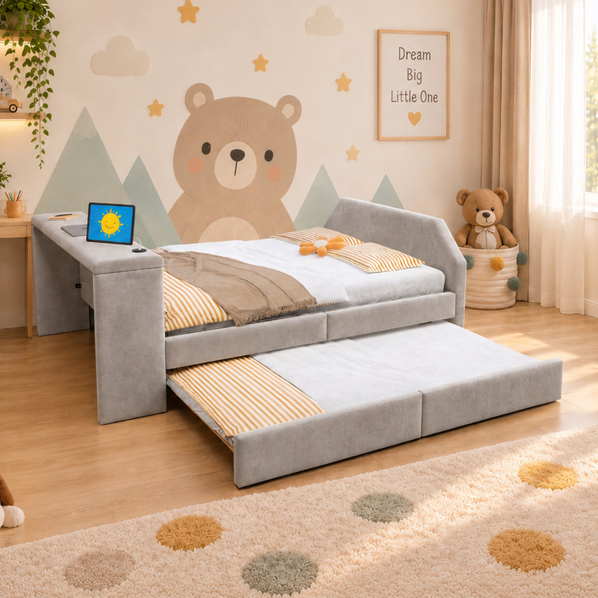 Children's Bed 140x200 with Desk & Guest Bed in Grey Velvet