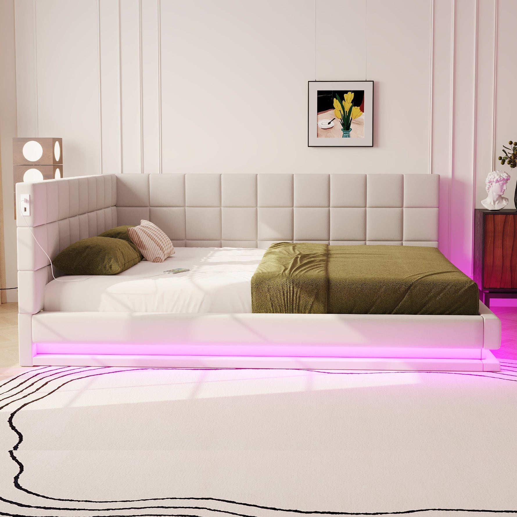 Sofa Bed, Upholstered 160*200 Multifunctional with LED, USB, Linen Fabric Beige