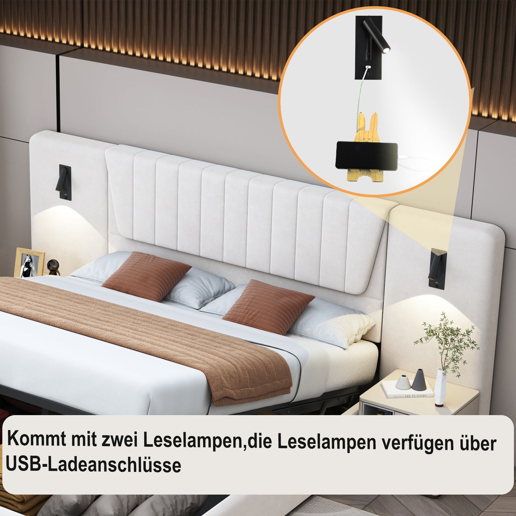 Upholstered Bed, 180*200cm, Extra-Long Backrest, Reading Lamp, USB Port, Hydraulic Storage, Beige Velvet