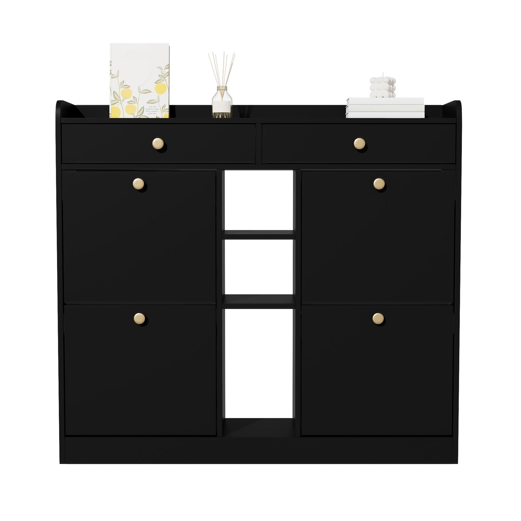 Shoe Cabinet, 4-Door, 2-Drawer, 3-Compartment, Black