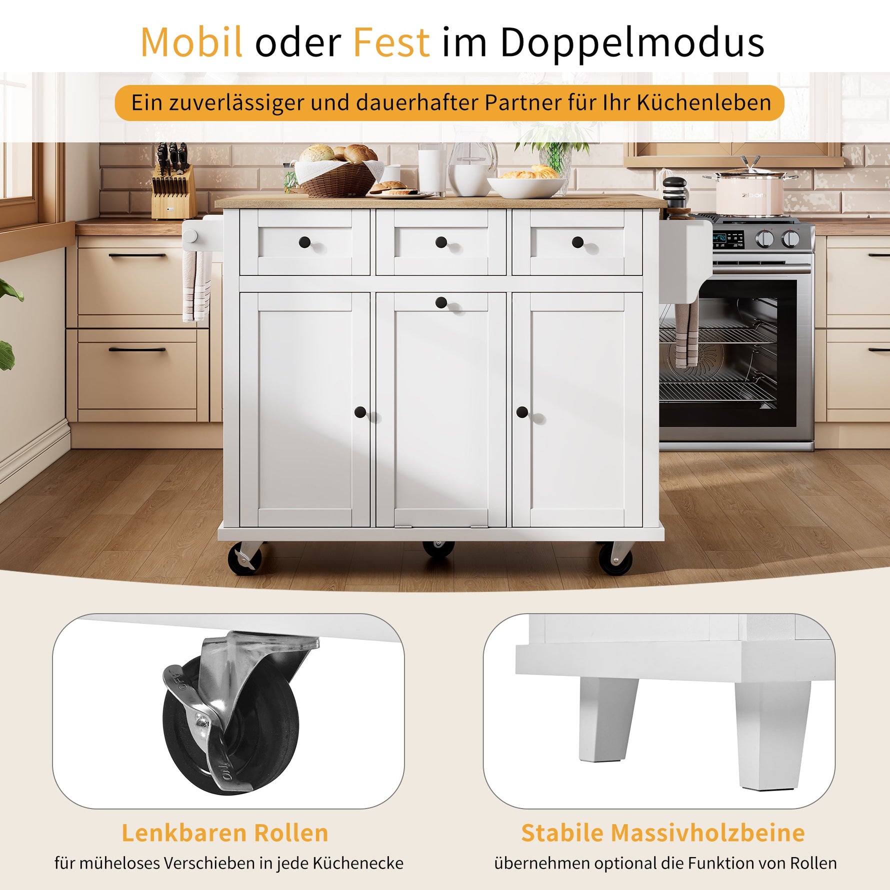 Mobile Kitchen Island Extendable Dining Area with Waste Bin & Drawers, White