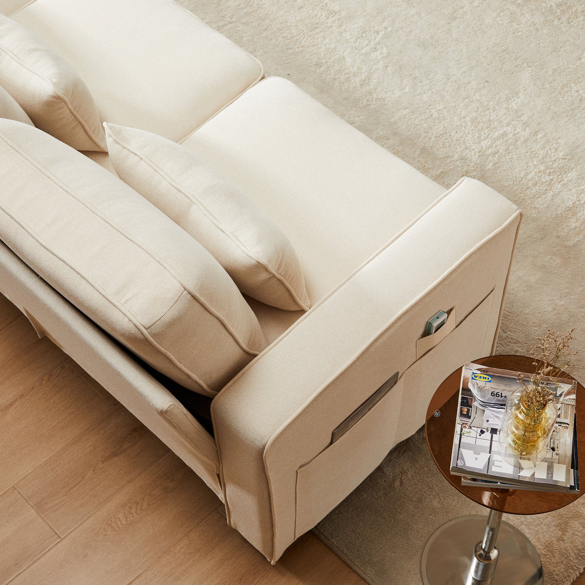 Sofa 4-Seater Linen Fabric with Armrest Pockets & 4 Cushions, Simple Style