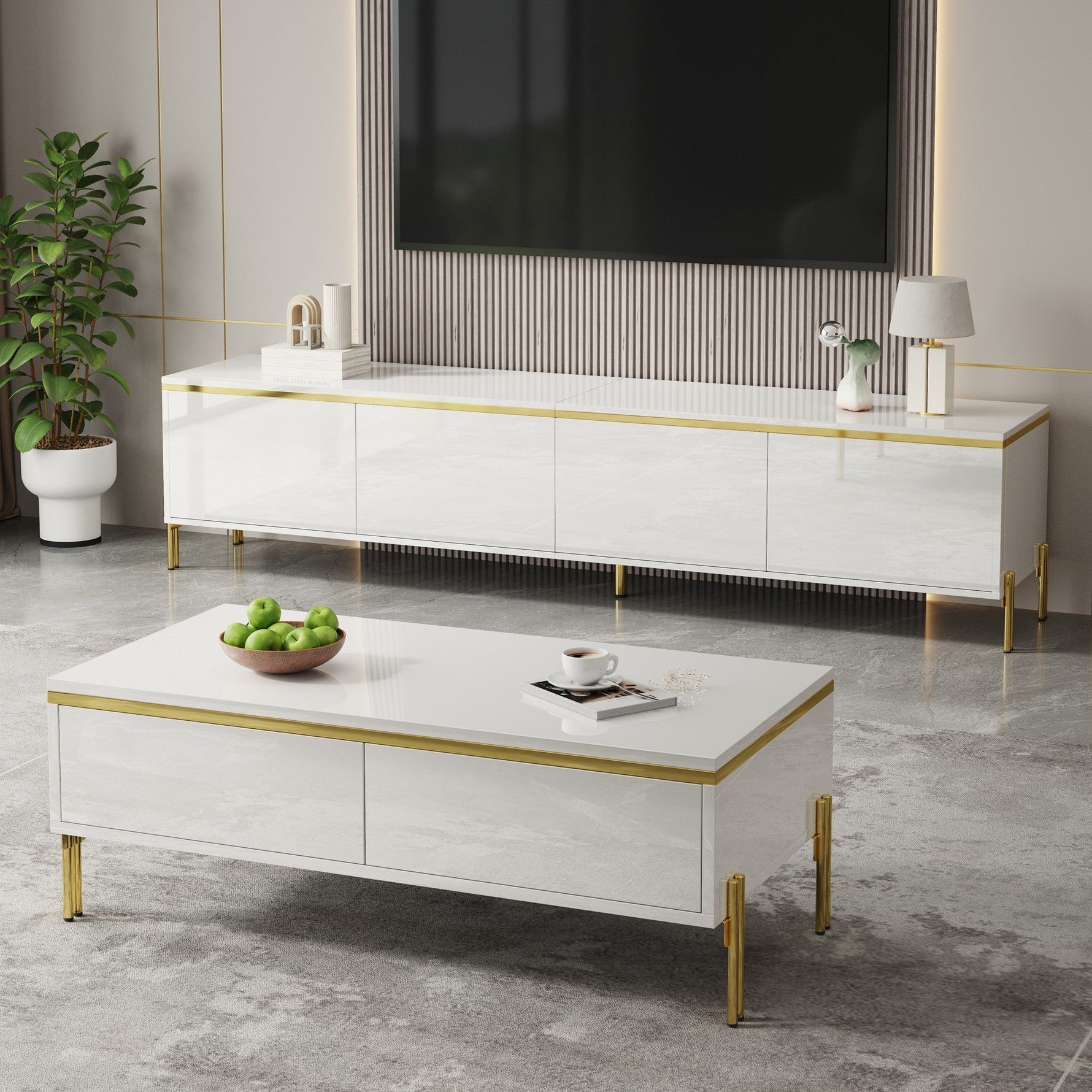 TV Cabinet and Coffee Table Set Modern Luxury High-Gloss Gold Edges Storage - Solid Color