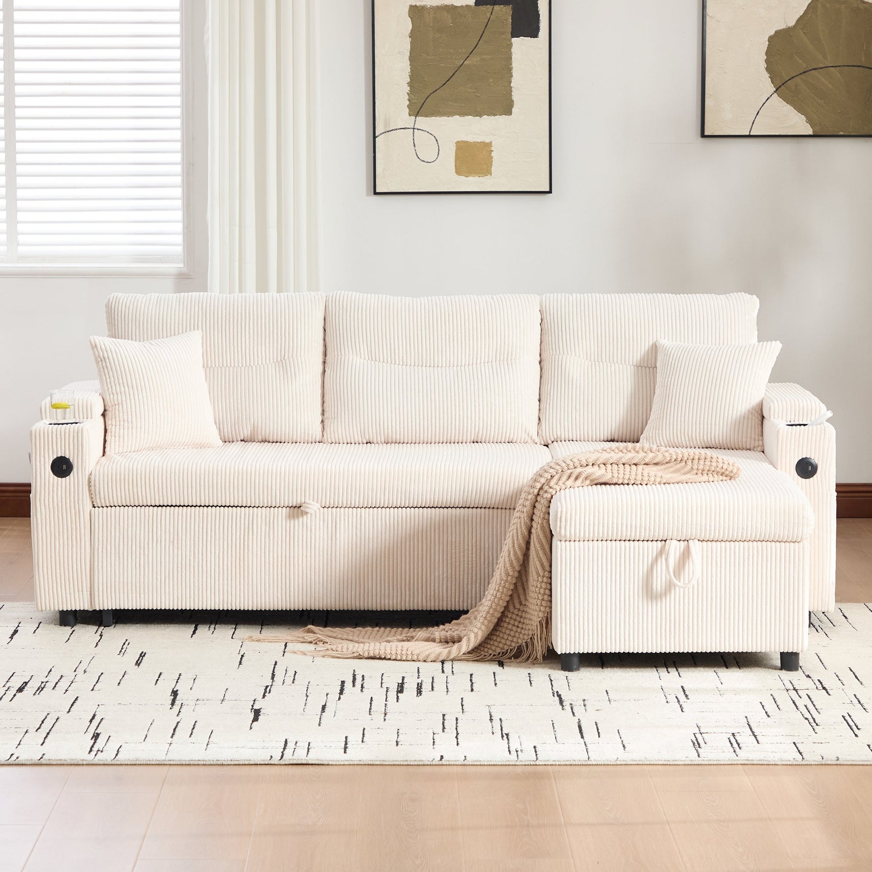 Sofa Bed 3-Seater Hydraulic Chaise Storage USB-C Cup Holders Corduroy