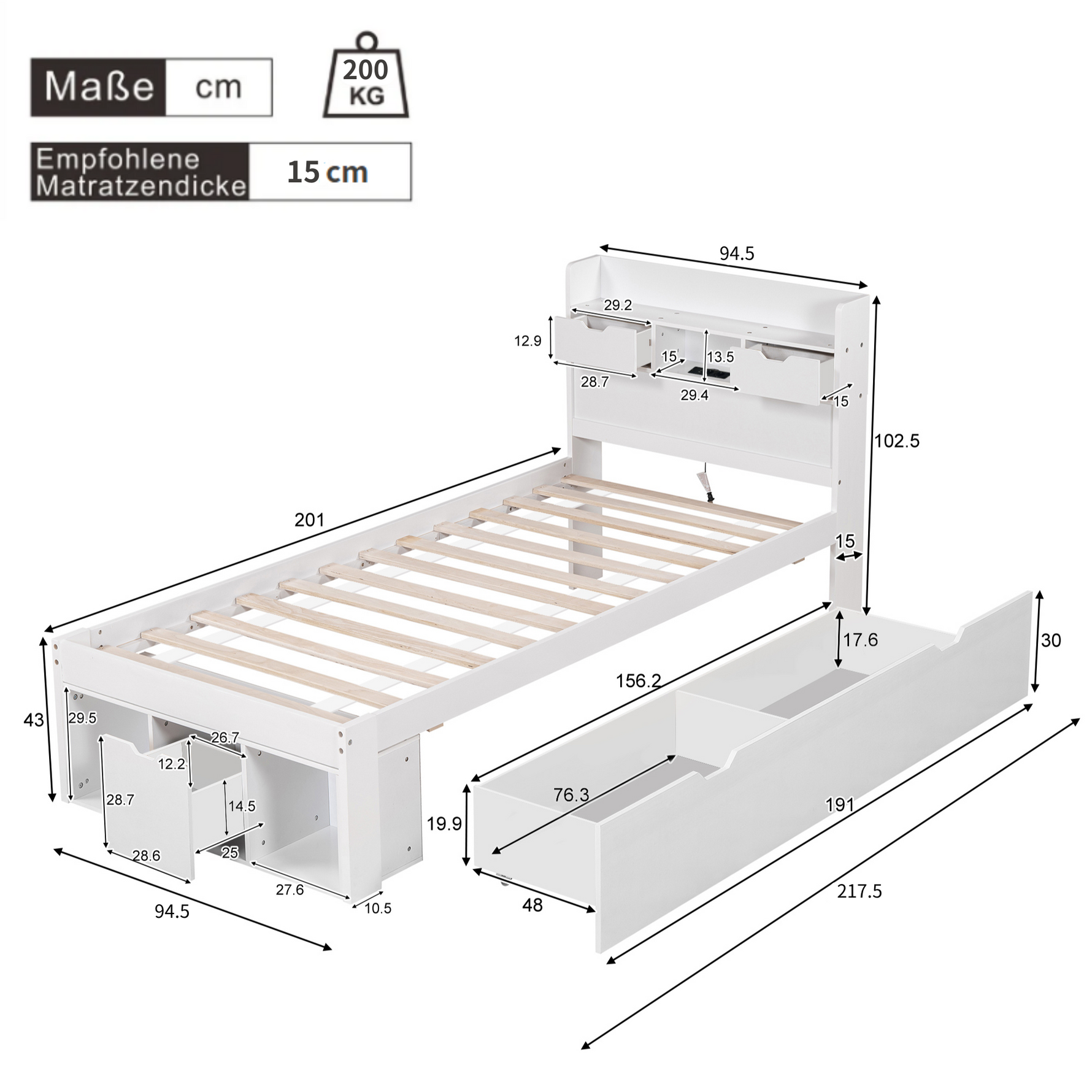 Single Bed with USB Port, Drawers and Storage Cabinet, White