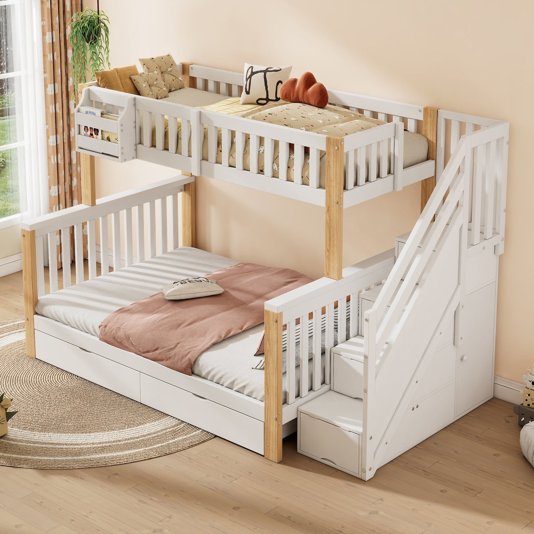 Children's Bunk Bed, Multifunctional Double Bed with Storage, White + Natural Color