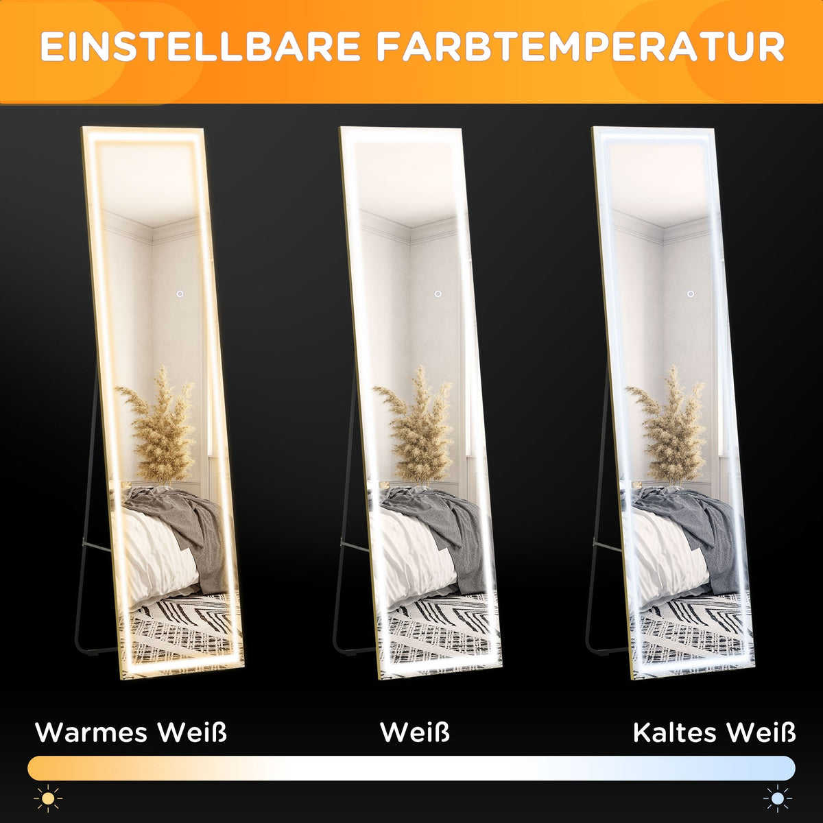 Wall Mirror, LED Standing Full Length, Aluminum Silver Gold