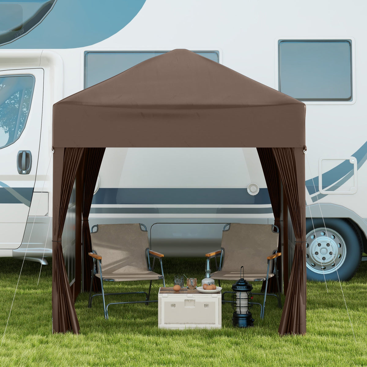 Folding Pavilion 2x2m UV Protection Side Panels Windows Oxford Fabric Brown