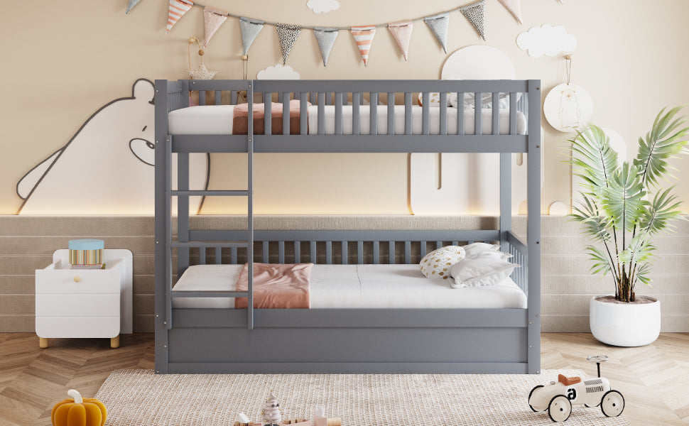 Children's Bunk Bed, 90x200 Hydraulic Storage System, Solid Wood Gray