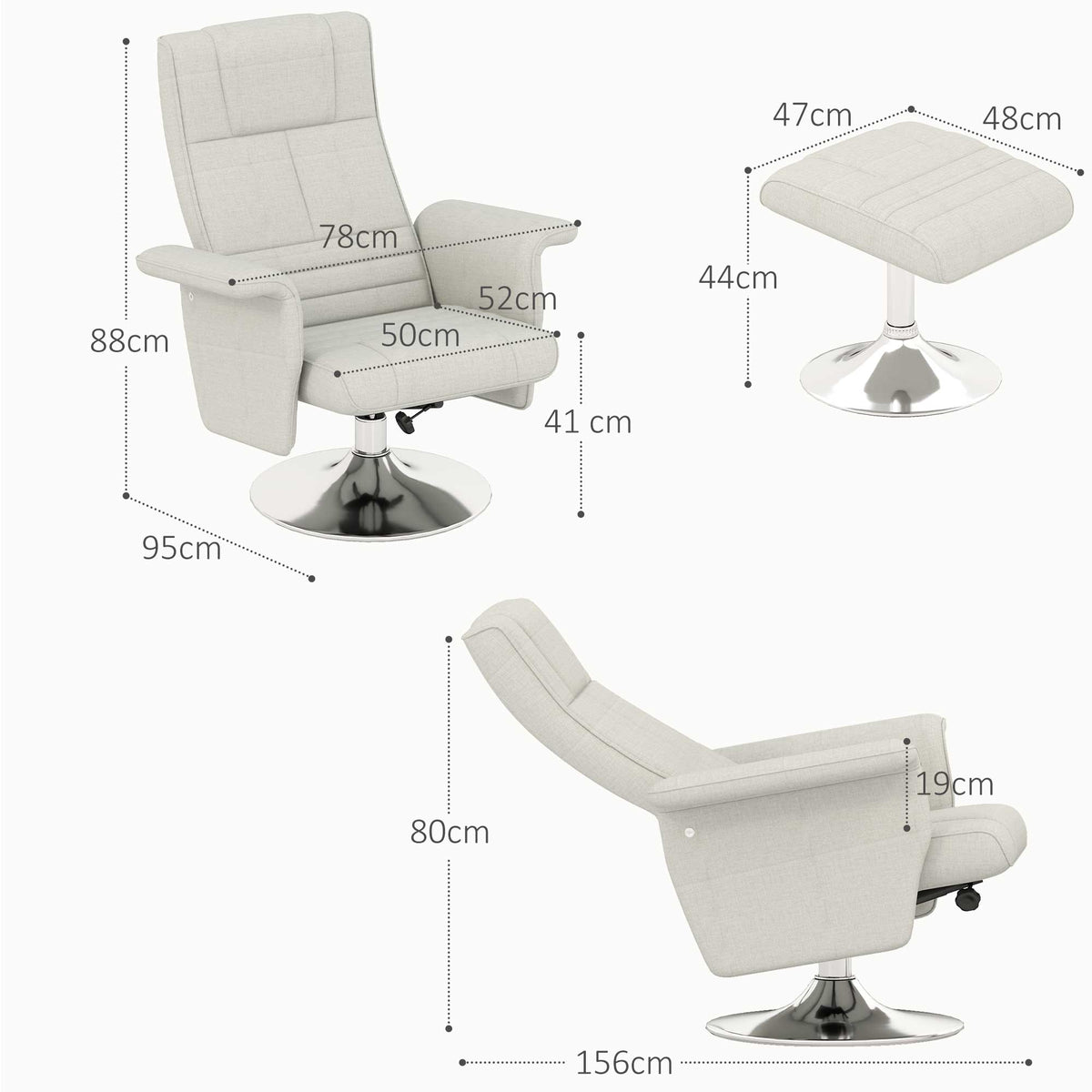 Recliner Chair, Swivel Massage with Footstool, Electric, Linen Look, Steel, Cream White