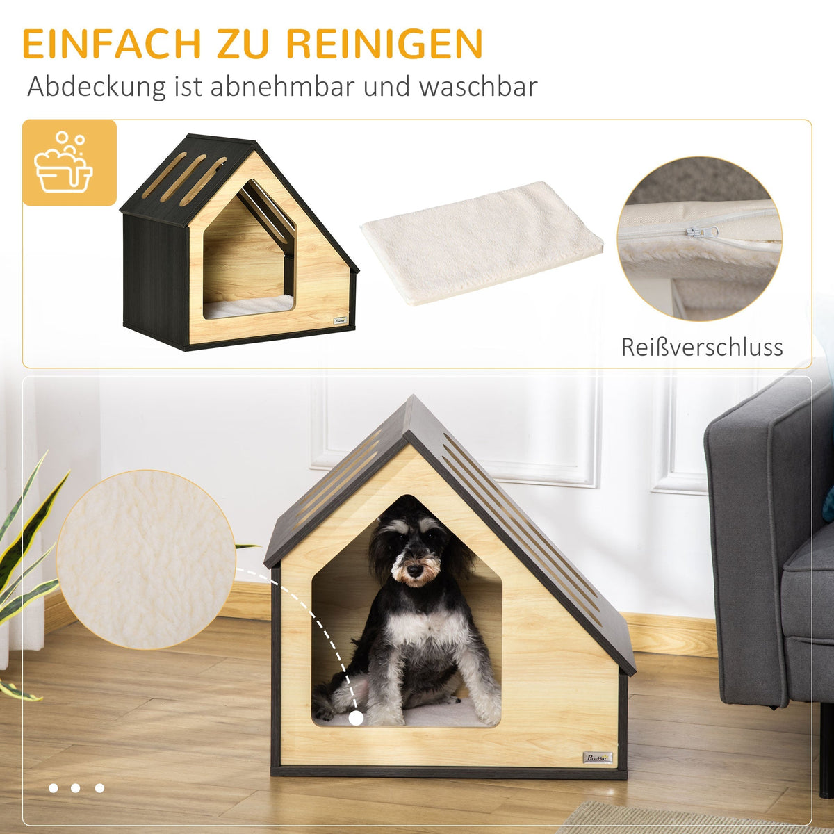 Wooden Dog House, Cat Cave, Dog Sleeping Place, Cozy Cushion, 60 x 40 x 59.2 cm, Wood