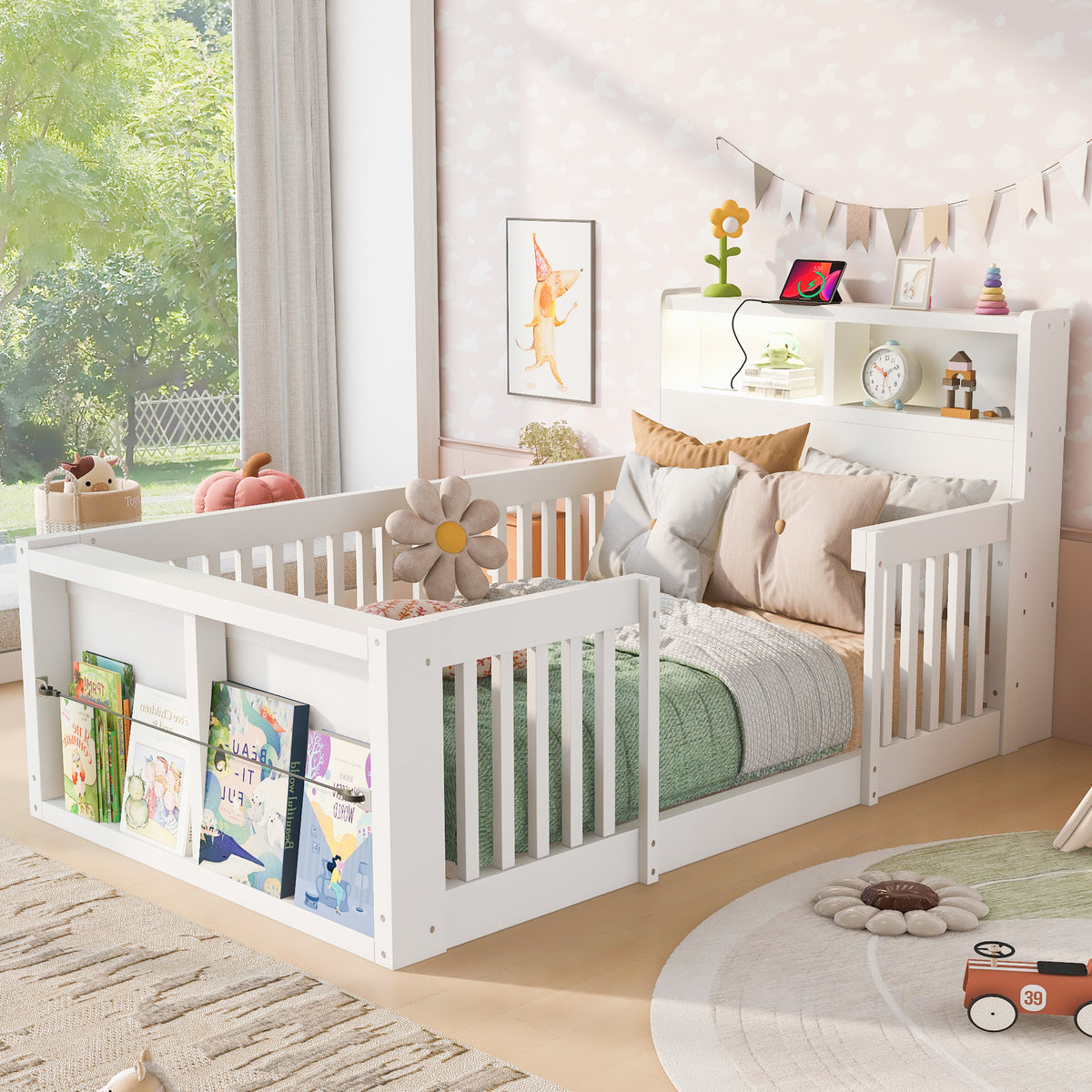 Wooden Single Bed 90x190cm with USB, Light & Storage, White