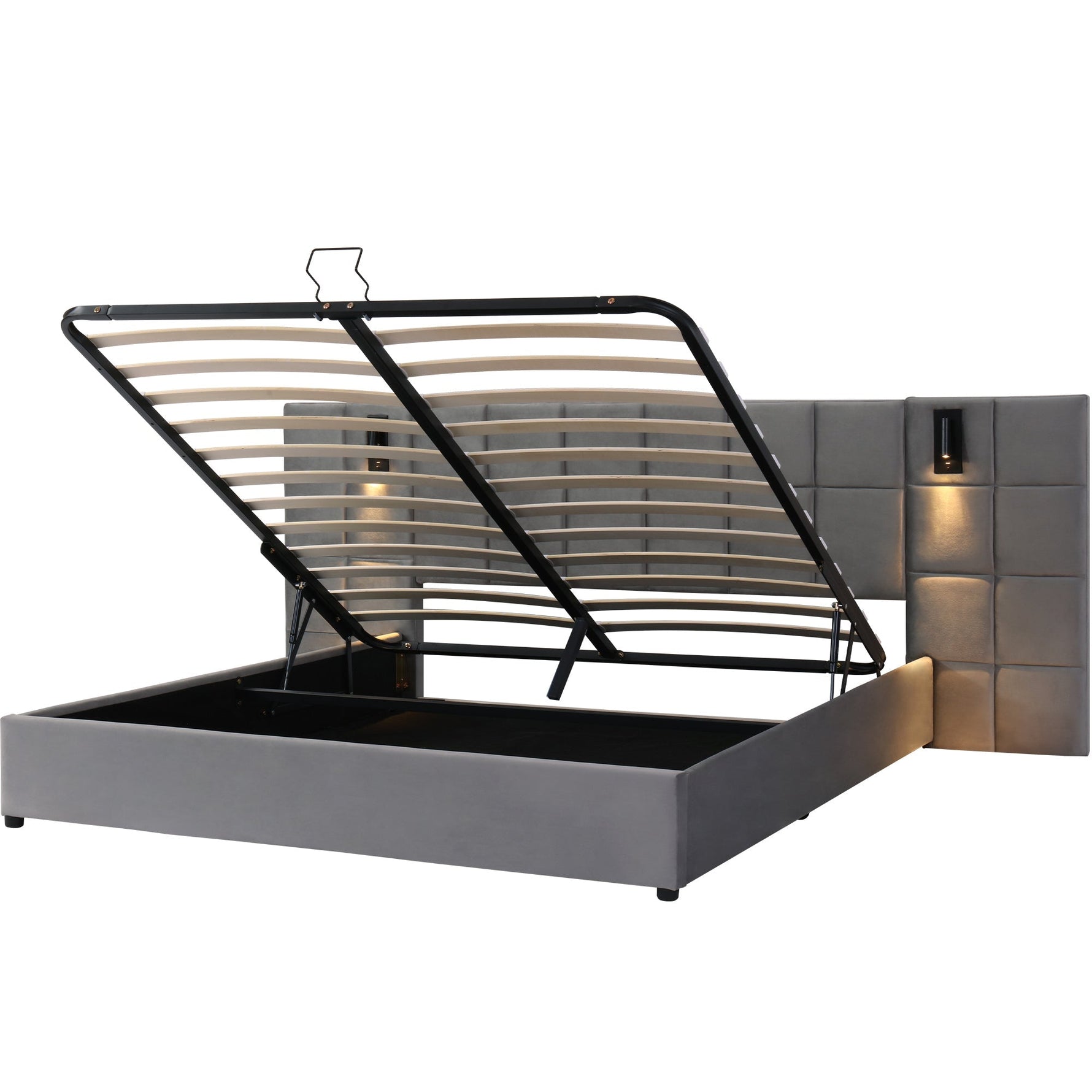 Upholstered Bed 160x200cm Hydraulic Storage Lamp USB - Velvet Grey