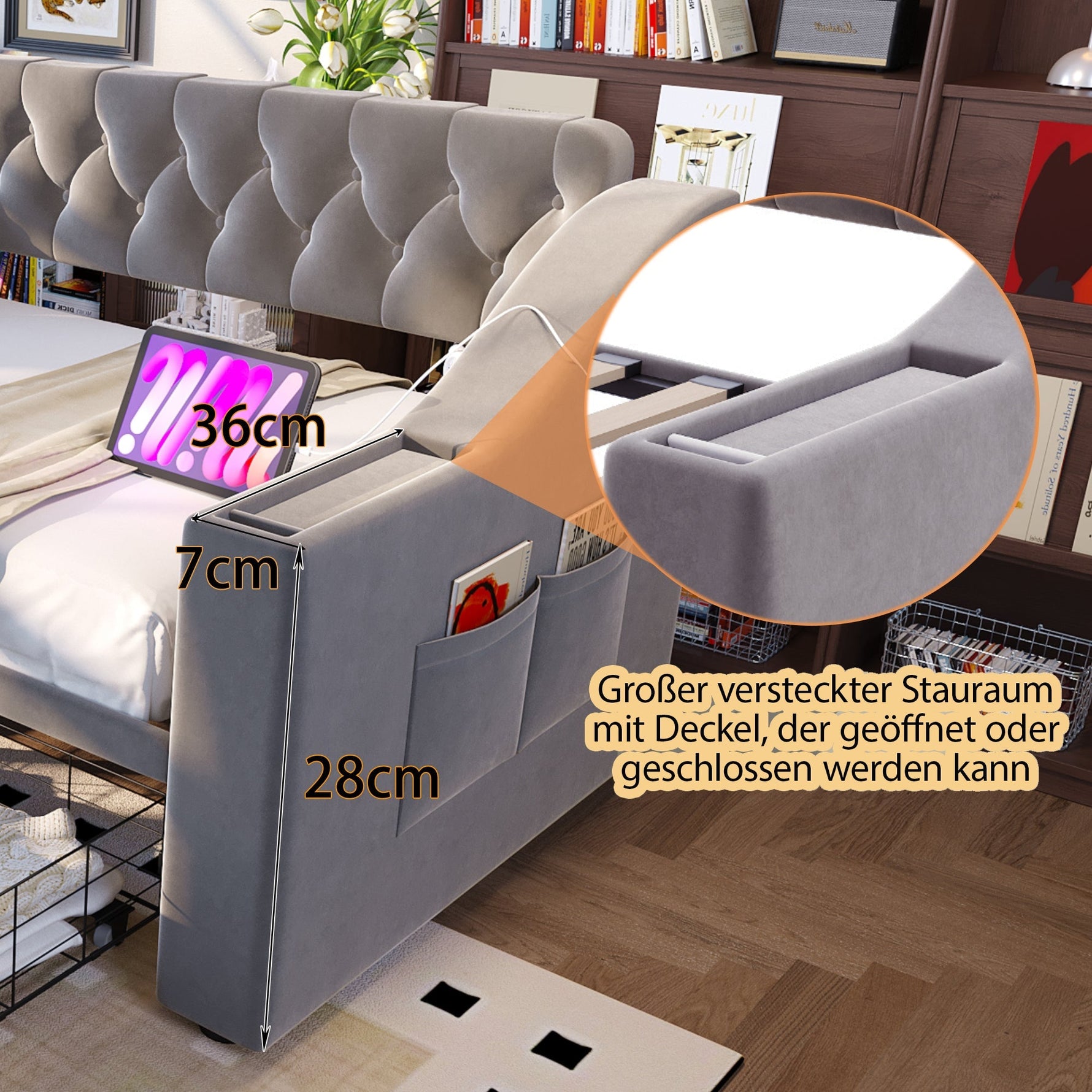 Upholstered Sofa Bed 90x190cm USB Charging Armrest Storage Drawer Light Grey Velvet