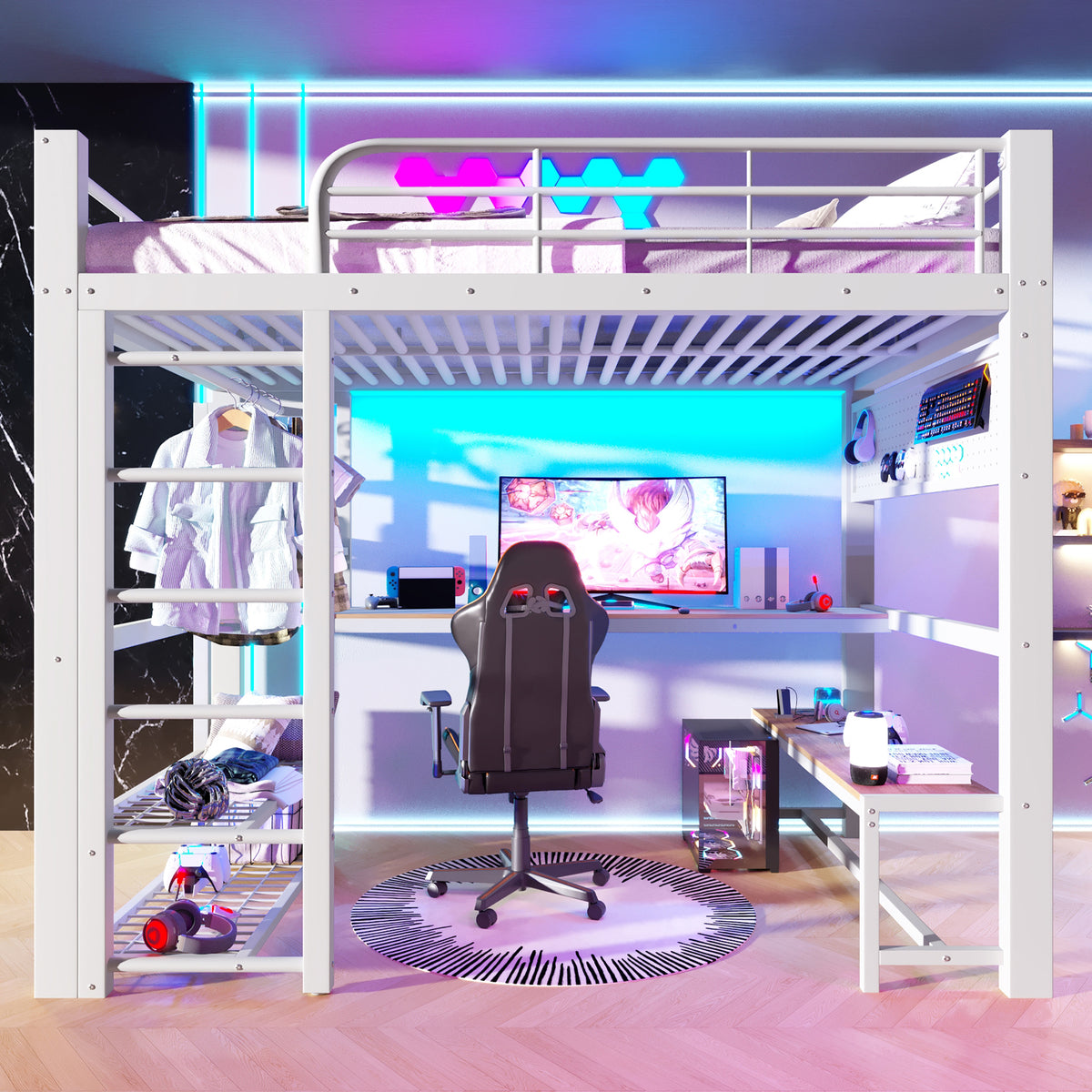 Loft Bed 140x200cm with LED, Storage Stairs & Grid, White Metal