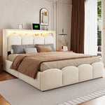 Upholstered Bed 140x200 with Hydraulic Storage & LED, Beige Velvet