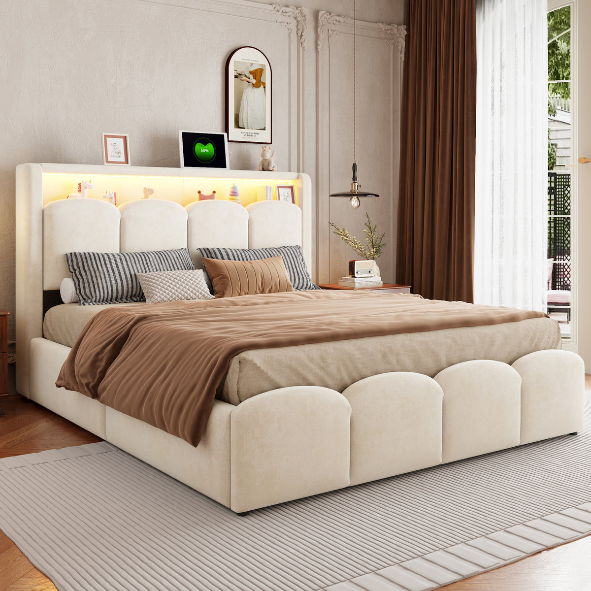 Upholstered Bed 140x200 with Hydraulic Storage & LED, Beige Velvet