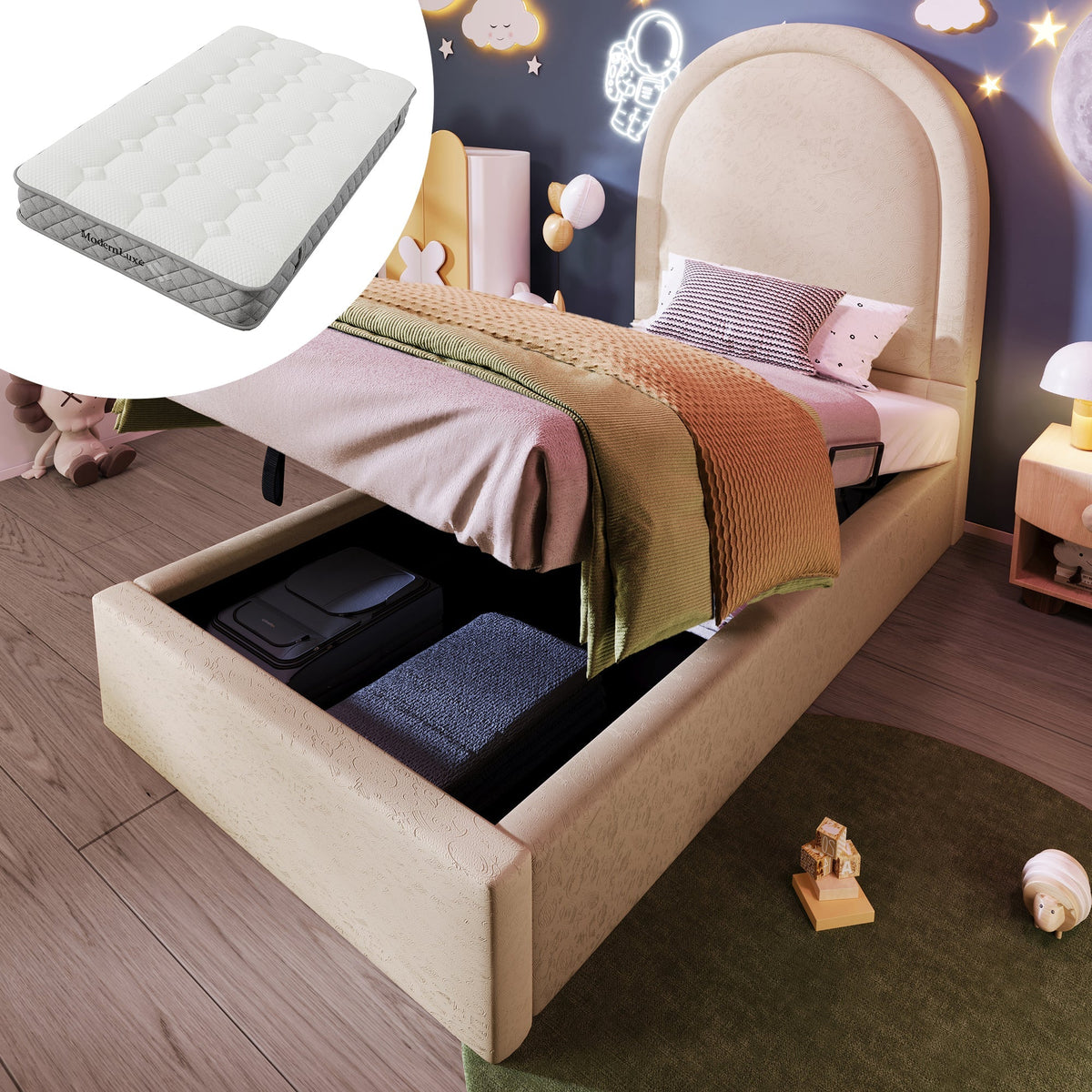 Children's Upholstered Bed, Single with Cosmic Pattern, 90x200cm, Beige PU