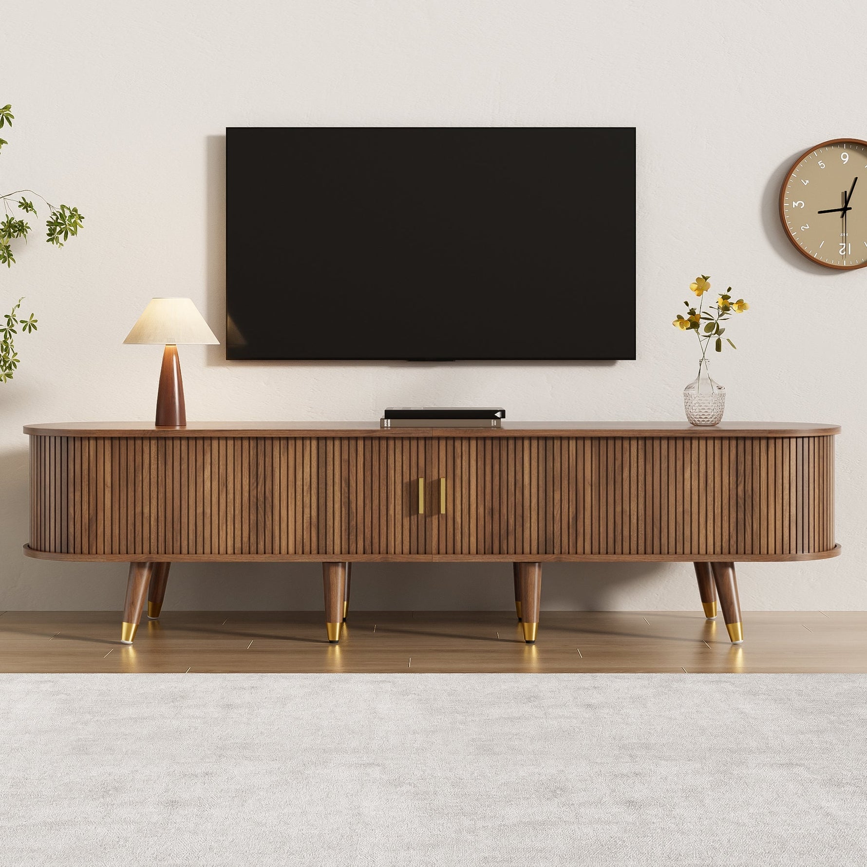 TV Cabinet 175cm Rattan Sliding Door Storage, Walnut Look/Natural Design
