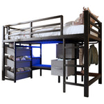 Mid-Height Bed with LED Lighting and Fabric Storage, 90x200 cm, Black Metal