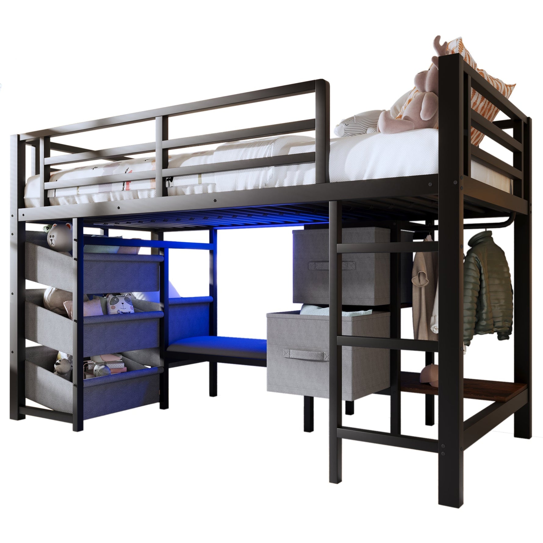 Mid-Height Bed with LED Lighting and Fabric Storage, 90x200 cm, Black Metal