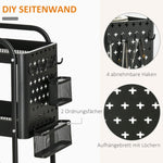 Kitchen Trolley with Perforated Board & Towel Holder, Storage Baskets, Black
