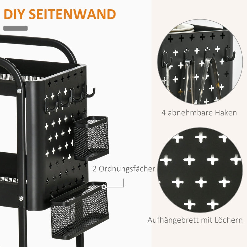Kitchen Trolley with Perforated Board & Towel Holder, Storage Baskets, Black