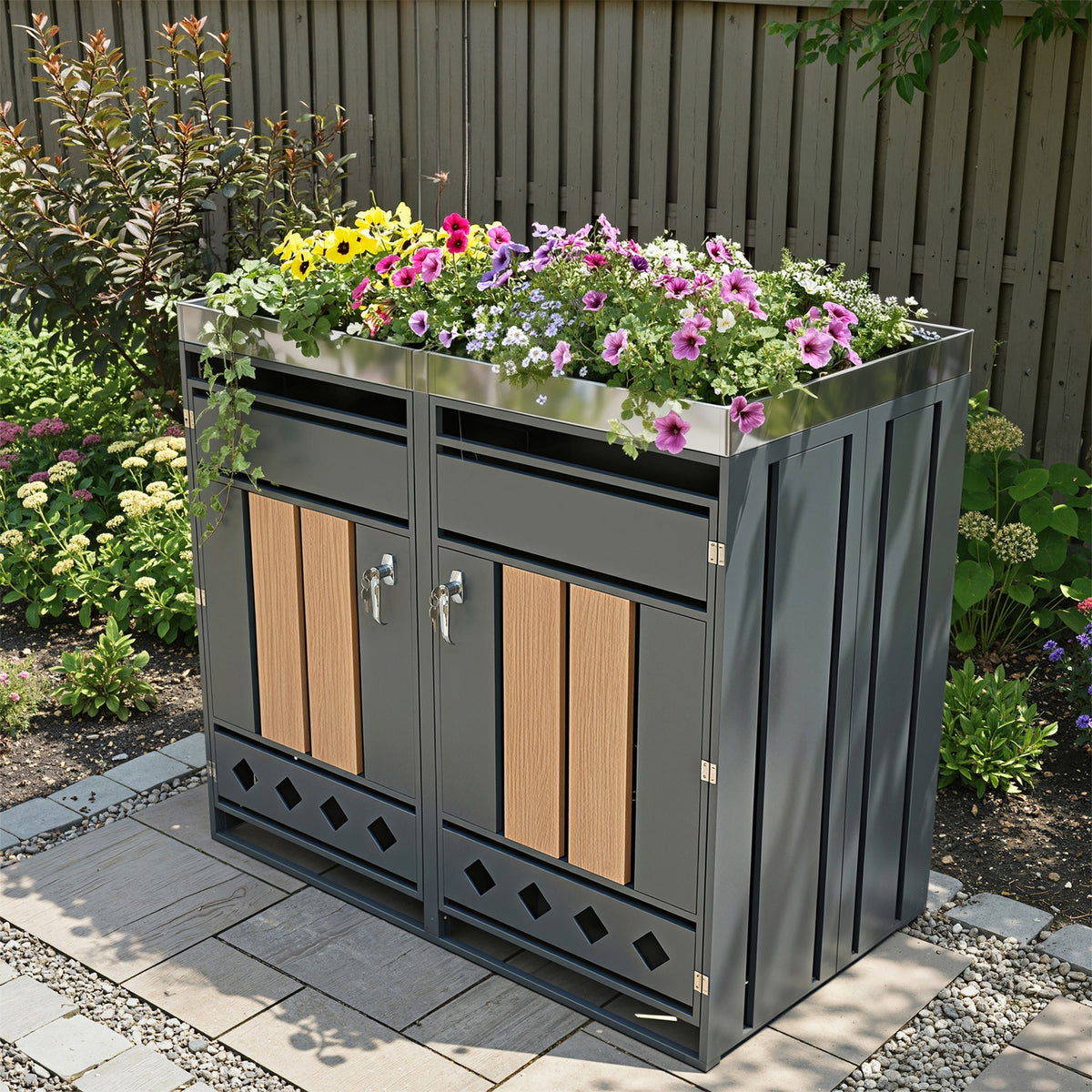 Bin Storage Unit with Planting Area, Lockable Two Doors and Hollow Base, Wood Grain Wood