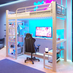 Loft Bed 90x200cm with LED Light & Storage Stairs, White Metal