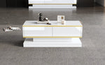 Coffee Table 100x50x38cm High Gloss with 2 Drawers, Warm White and Gold Edge