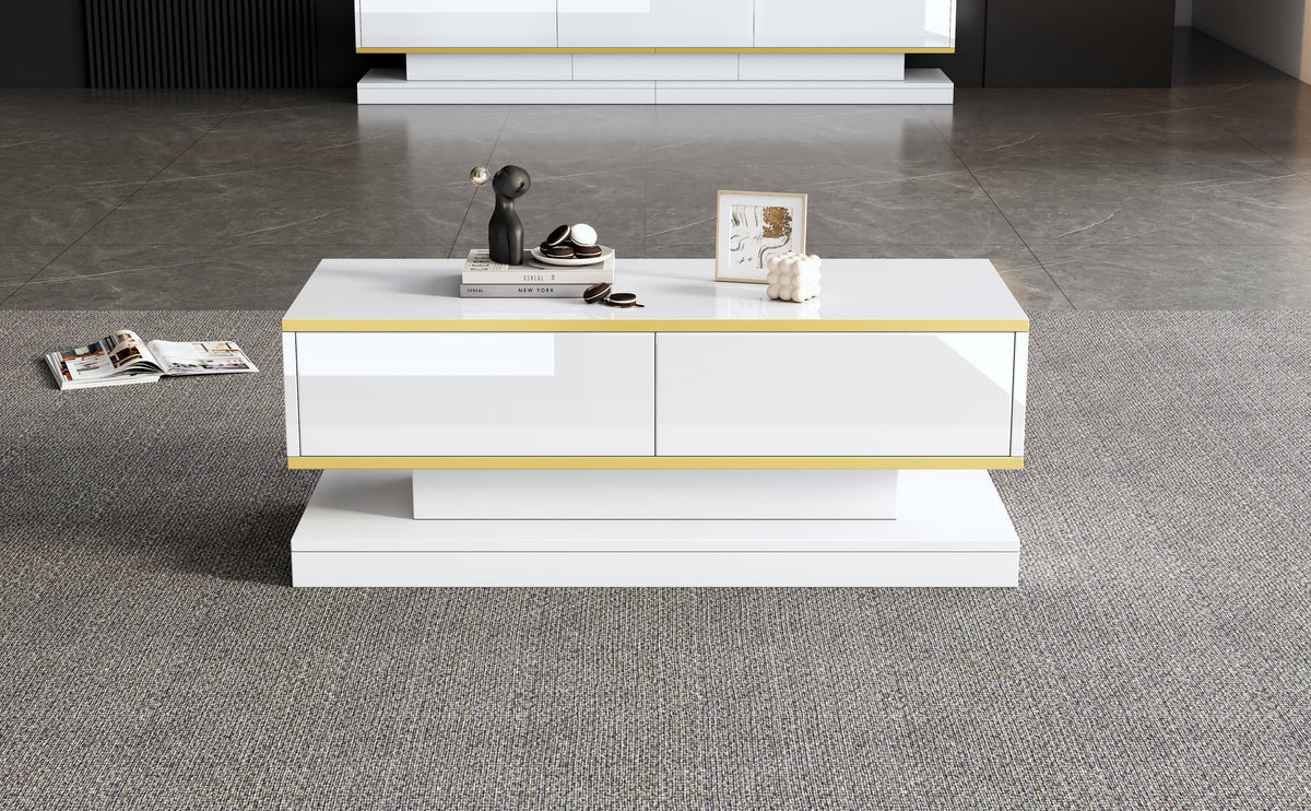 Coffee Table 100x50x38cm High Gloss with 2 Drawers, Warm White and Gold Edge