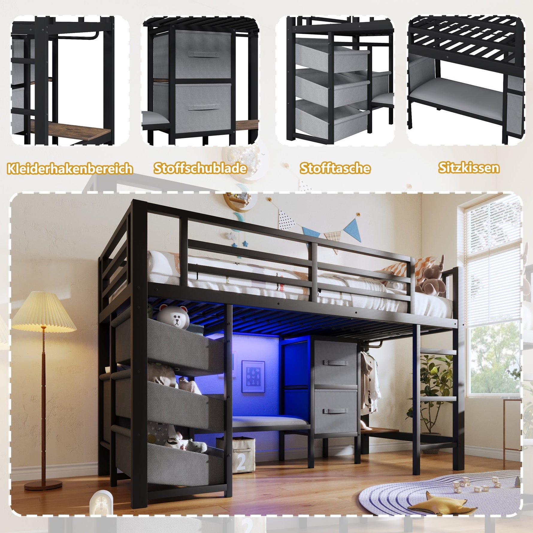 Mid-Height Bed with LED Lighting and Fabric Storage, 90x200 cm, Black Metal