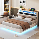 Upholstered Bed 160x200 cm with USB & LED Light, Beige Linen