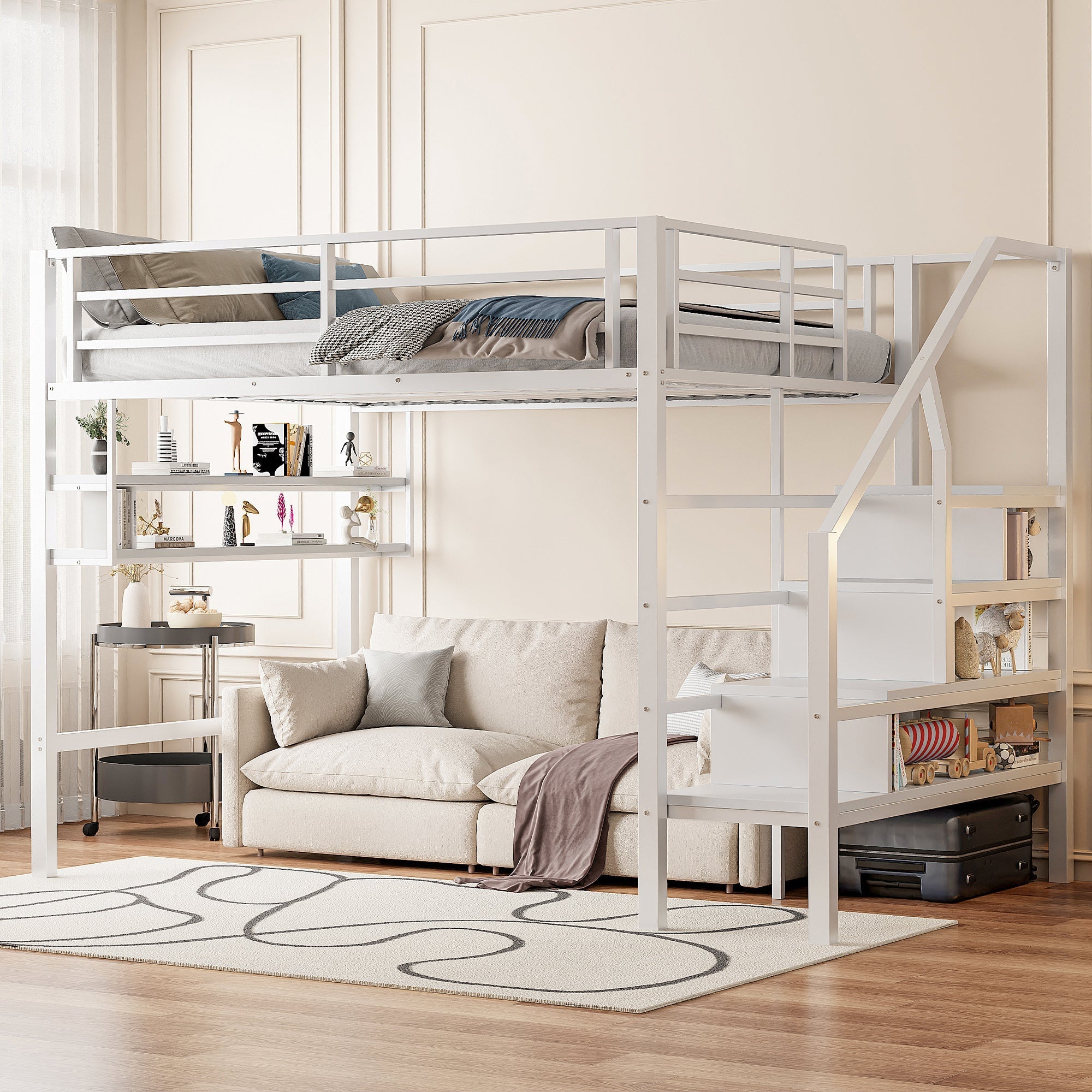 Loft Bed with Storage Ladder and Shelves, 140x200cm, White