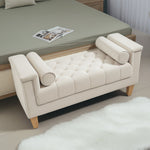 Upholstered Bench, Armrest Bed Bench, 2 Cylinder Cushions, Wooden Frame, Beige Chenille