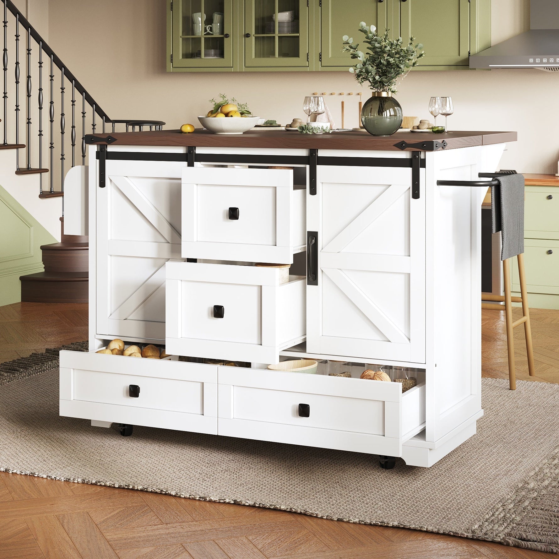 Kitchen Trolley Cart with Folding Table 3 Drawers & 2 Cabinet Doors