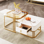 Stackable Coffee Table: High-Gloss Marble, Tea-Brown Glass, Gold Accents, Two-Piece Set