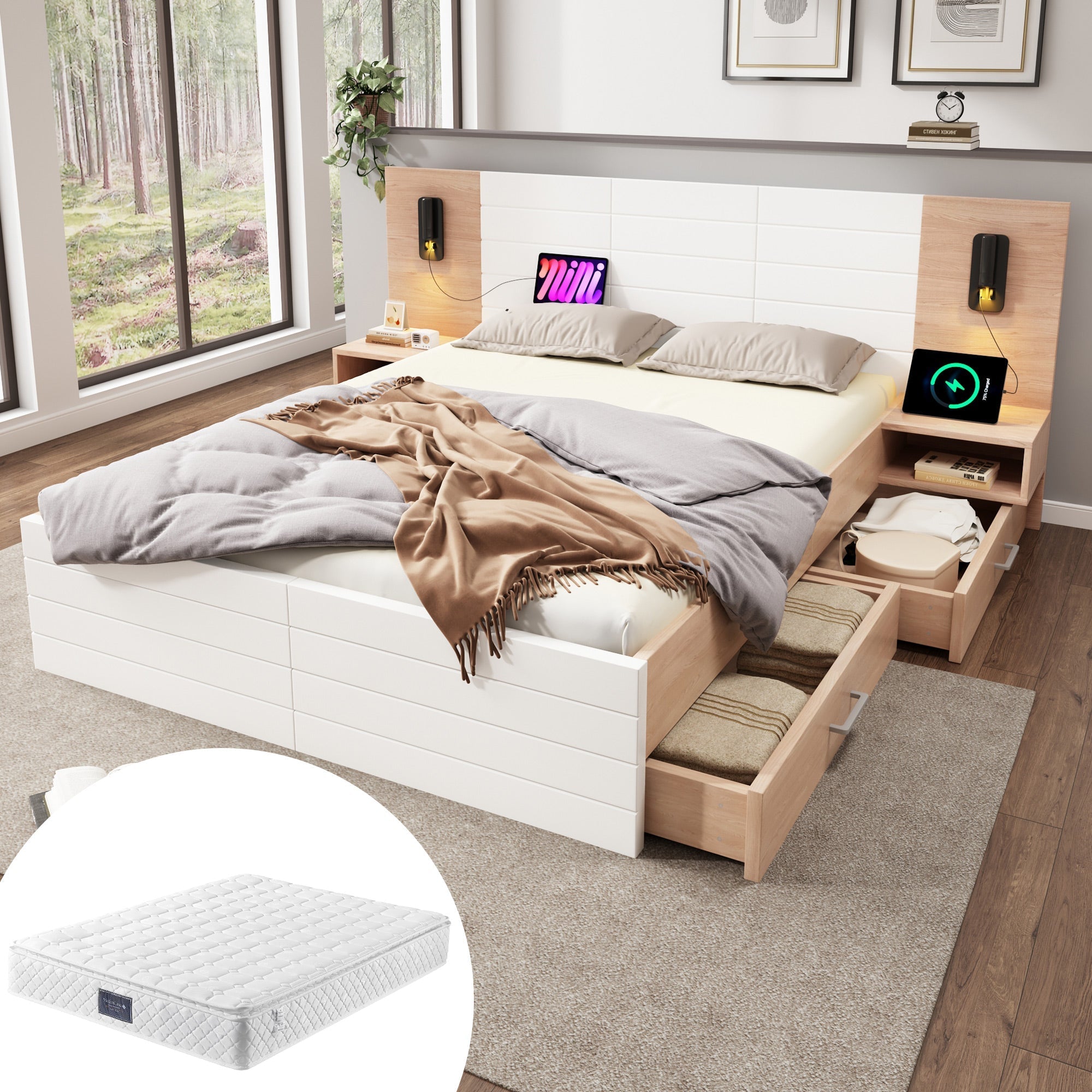 Double Bed 140x200cm, 2 Drawers, USB Reading Light, 2 Bedside Tables, Oak/White Wood