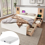 Double Bed 140x200cm, 2 Drawers, USB Reading Light, 2 Bedside Tables, Oak/White Wood