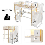 Loft Bed 90x200cm LED Window Design Desk Storage Ladder Power Outlet - White/Natural