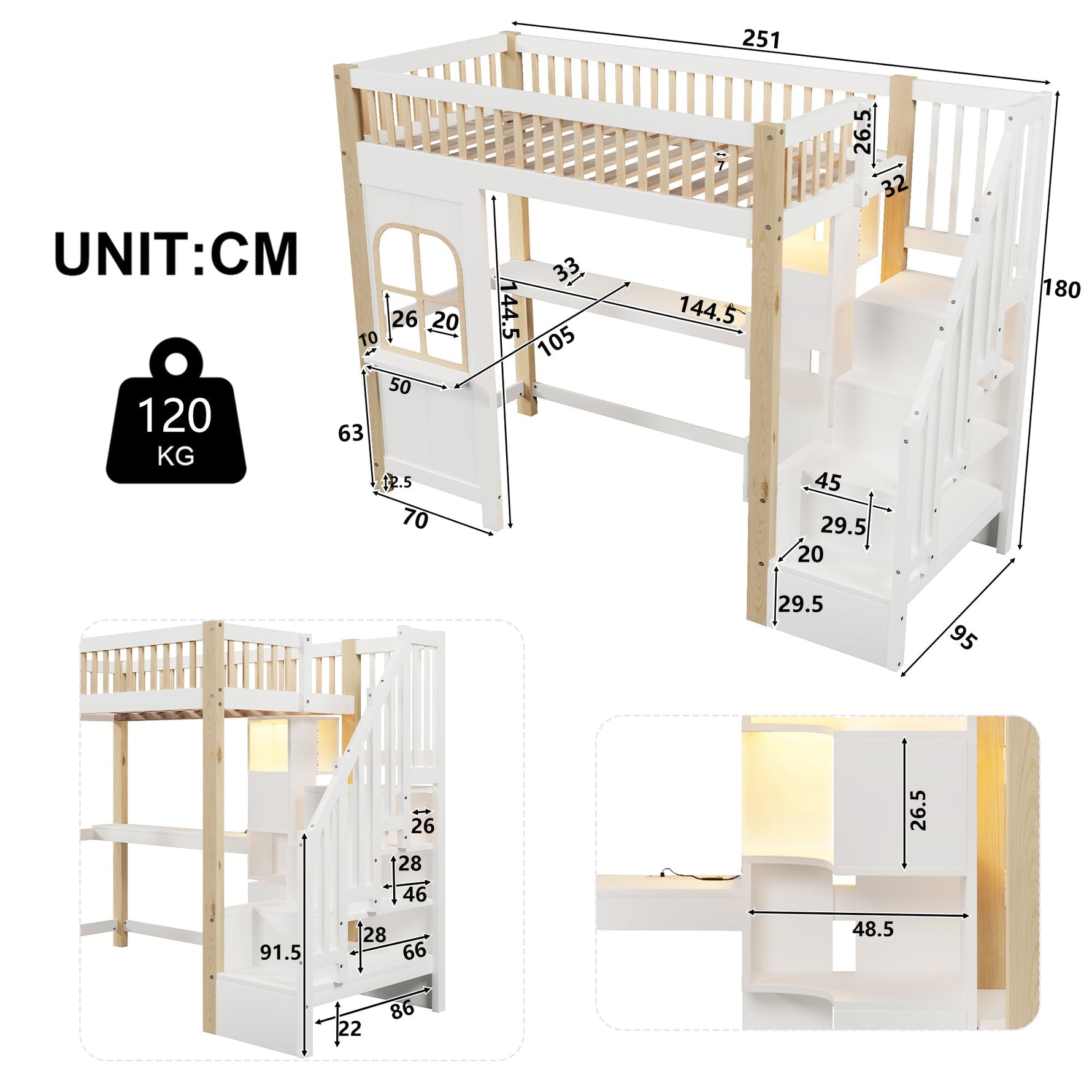 Loft Bed 90x200cm LED Window Design Desk Storage Ladder Power Outlet - White/Natural