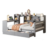 Sofa Bed, Multifunctional with Desk, Bookshelf, Storage & Power Outlet, Solid Wood, Grey