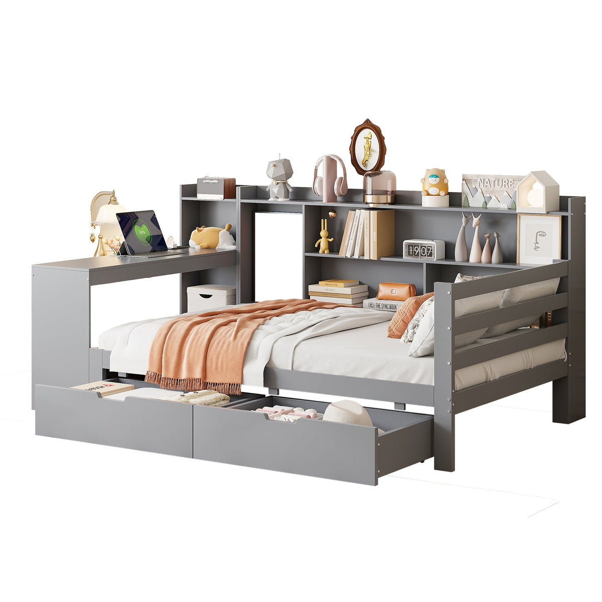 Sofa Bed, Multifunctional with Desk, Bookshelf, Storage & Power Outlet, Solid Wood, Grey