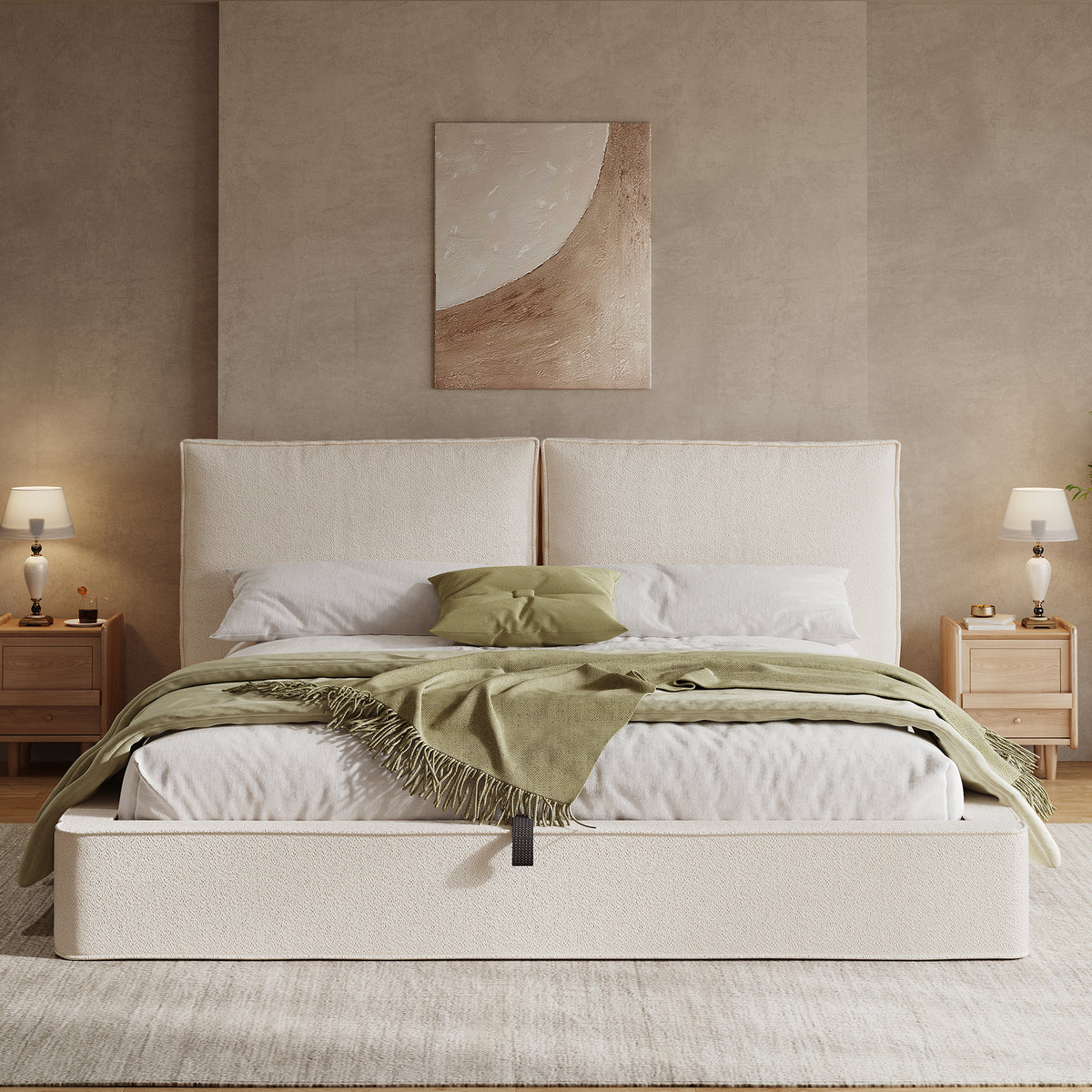 Upholstered Double Bed 180x200cm Hydraulic Storage, Beige Bouclé