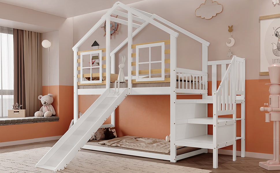 Bunk Bed with Slide & Stairs - Kids Cabin Bed, White Solid Wood